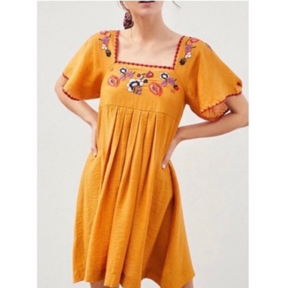 Madewell Mustard Embroidered Floral Square Neck Tunic Dress XXS
